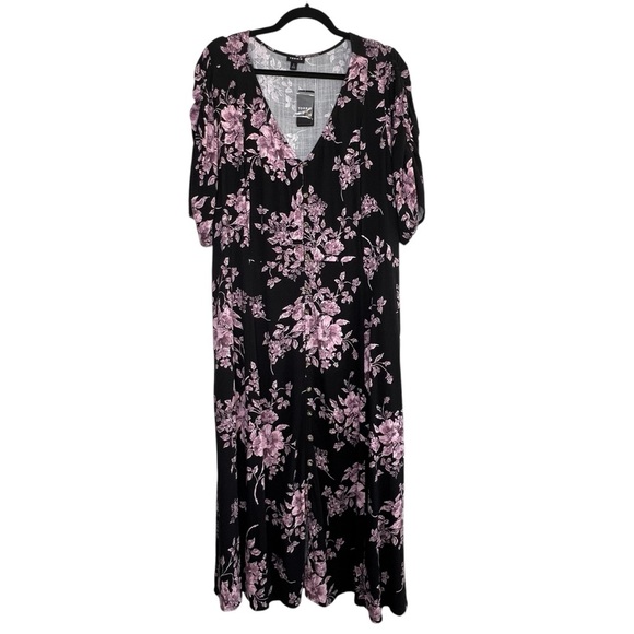 Torrid Dress Midi Rayon Slub Button Front Tie Black Pink Floral Plus Size 4X NEW - Picture 2 of 15